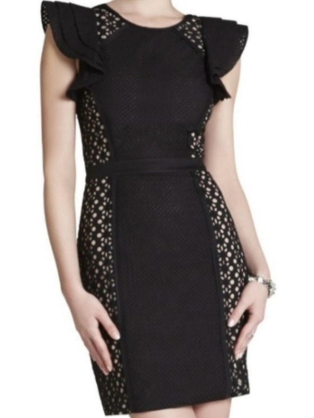BCBGMAXAZIA Black Lace-Inset Ruffle Sleeve Mini Dress NWOT